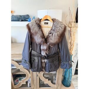 Vintage Mitchie's Real Fox Fur Trim Puffer Coat Womens Grey Size M
